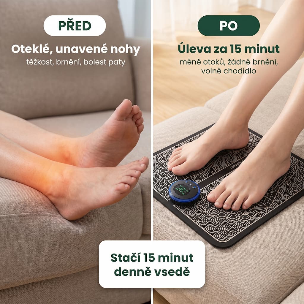 EMS masážní podložka chodidel před a po – úleva za 15 minut